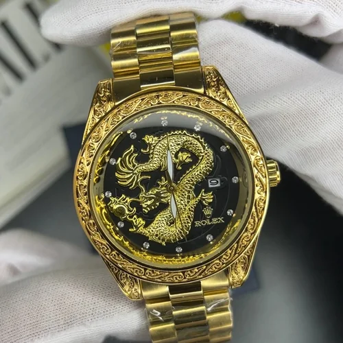 ساعت مچی رولکس دراگون حکاکی موتور ژاپن Rolex صفحه مشکی طلایی