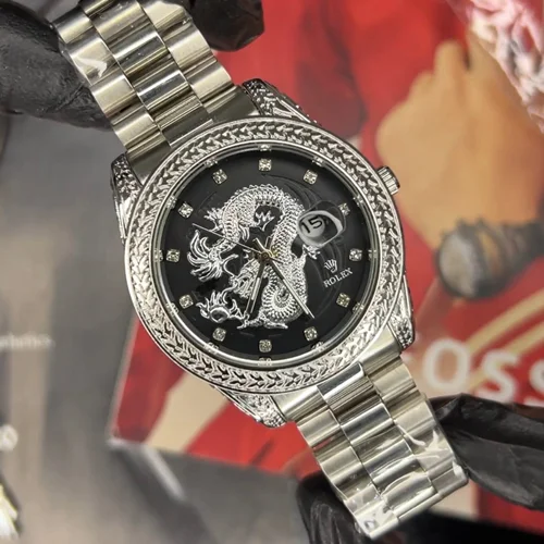 ساعت رولکس دراگون حکاکی موتور ژاپن Rolex صفحه مشکی نقره ای