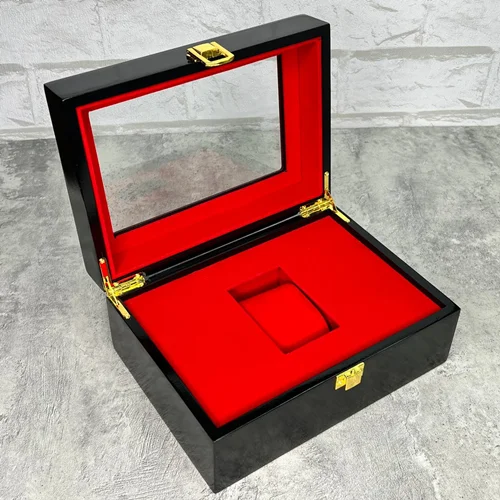 جعبه ساعت چوبی لوکس وارداتی مدل تک خانه لاکچری مشکی قرمز  15✖21  COD1300